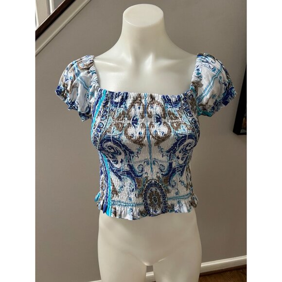 NWT MARINA St Barth Cassandra Smocked Off Shoulder Linen Top Paisley Print OS - Picture 1 of 6